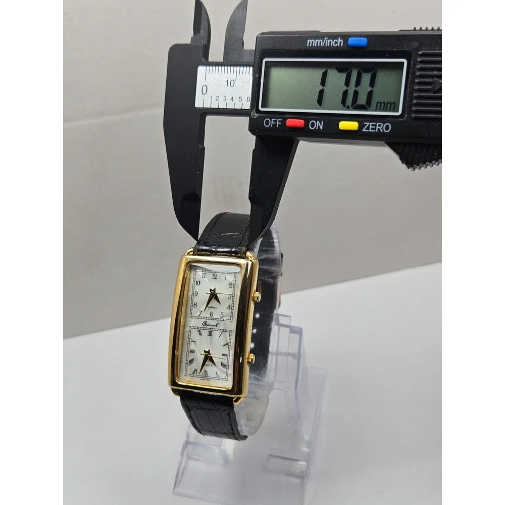 Vintage Osirock Dual Time 26mm Gold Tone Tank Watch Black Leather New Battery